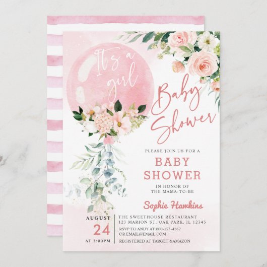 Es ist ein Girl Pink Balloon Eucalyptus Baby Showe Einladung (Vorne/Hinten)