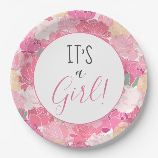 Es ist ein Girl Pink Blumenmuster Baby Sprinkle Na Pappteller (Vorderseite)