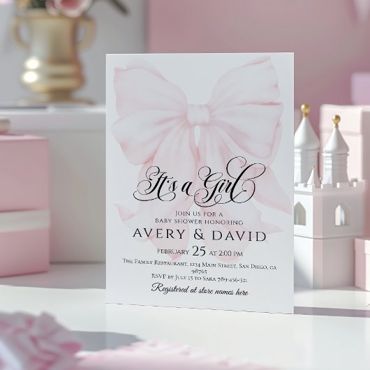 Es ist ein Girl Pink Bow Modern Elegant Baby Showe Einladung
