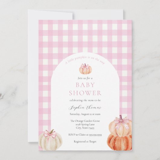 Es ist ein Girl Pink Bow Pumpkin Baby Shower Arch Einladung (Vorderseite)