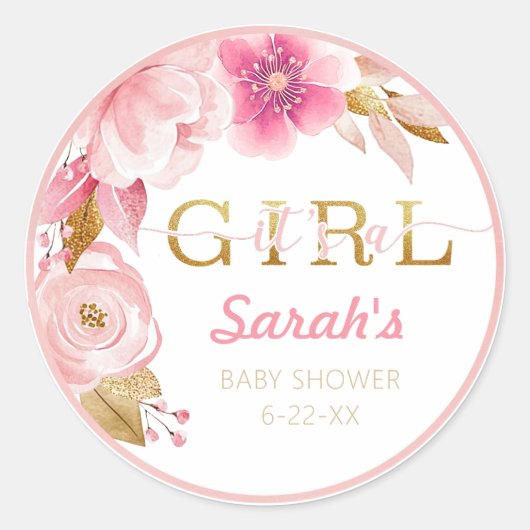 Es ist ein Girl Pink Floral Baby Shower Sticker (Vorderseite)