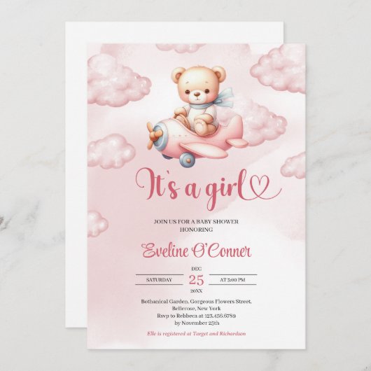 Es ist ein Girl-Rosa-Teddybär-Pilot mit Flugzeug Einladung (Vorne/Hinten)