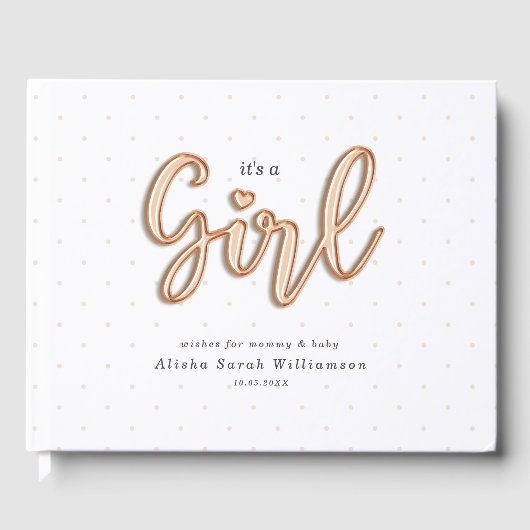 Es ist ein Girl Rose Gold Script Balloon Letters B Gästebuch (Vorderseite)