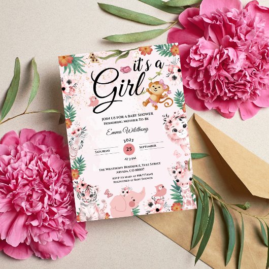 Es ist ein Girl Safari Girl Pink Baby Shower Jungl Einladung