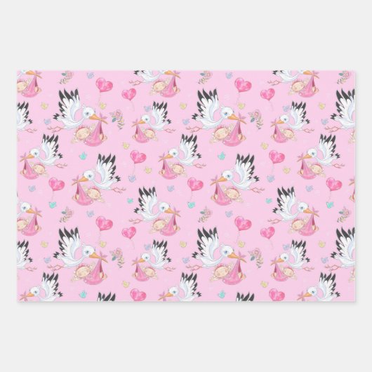 Es ist ein Girl Stork Baby Wrapping Paper Set Geschenkpapier Set (Vorderseite)