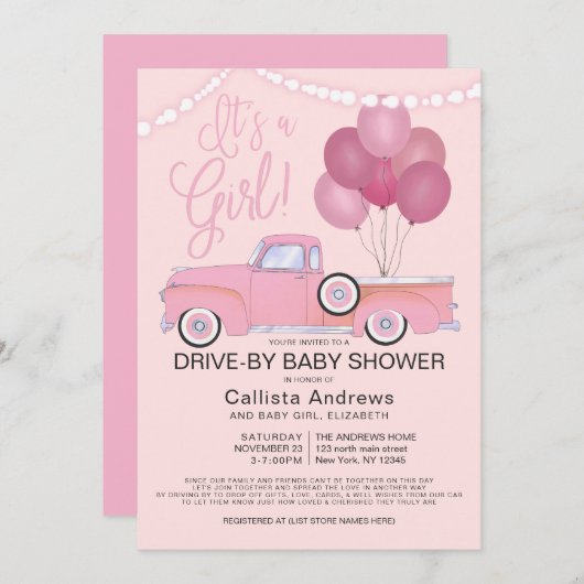 Es ist ein Girl Truck Balloons Drive by Baby Showe Einladung (Vorne/Hinten)