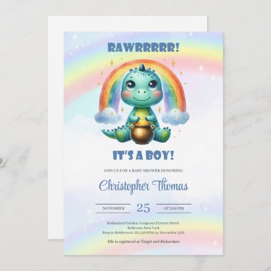 Es ist ein Junge Aquarelldinosaurier mit Regenboge Einladung (Vorne/Hinten)