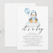 Es ist ein Junge. Aquarellfarbene niedliche Pingui Einladung (Vorne/Hinten)