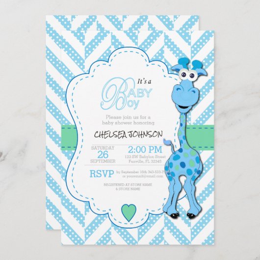 Es ist ein Junge - Baby Blue Giraffe - Babydusche Einladung (Vorne/Hinten)