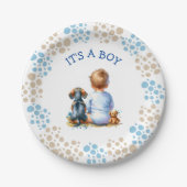 Es ist ein Junge | Baby- und Dackel Puppy-Baby-Dus Pappteller (Vorderseite)