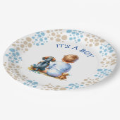 Es ist ein Junge | Baby- und Dackel Puppy-Baby-Dus Pappteller (Schrägansicht)