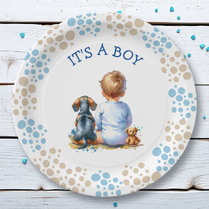 Es ist ein Junge Baby- und Dackel Puppy-Baby-Dus Pappteller