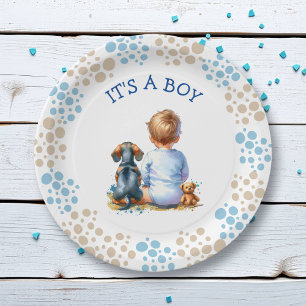 Es ist ein Junge   Baby- und Dackel Puppy-Baby-Dus Pappteller