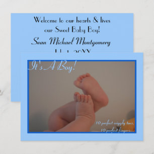 Es ist ein Junge Baby Zehen Foto Blau Geburtsanzei Einladung