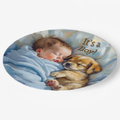 Es ist ein Junge | Babyparty Pappteller (Schrägansicht)