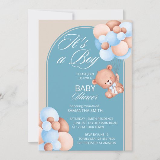 Es ist ein Junge-blaubeige Ballons-Teddybärenbogen Einladung (Vorderseite)