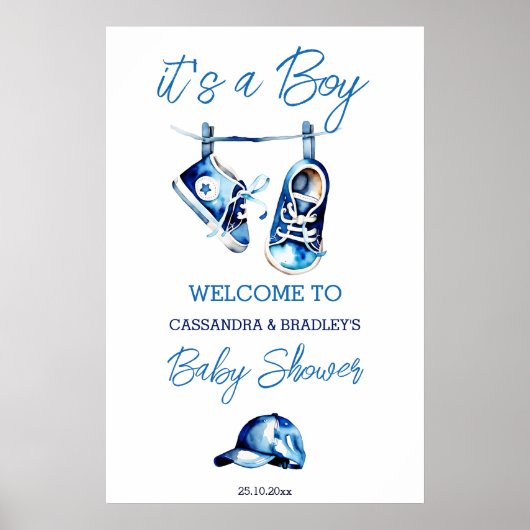 Es ist ein junge blaue Babyschuhe Begrüßungszeiche Poster (Vorne)