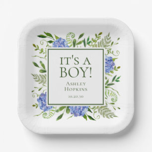 Es ist ein Junge Blaue Hortensien Jungen-Baby-Part Pappteller