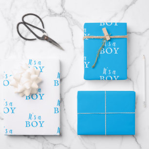 Es ist ein Junge Blaue Typografie Baby Junge Baby  Geschenkpapier Set