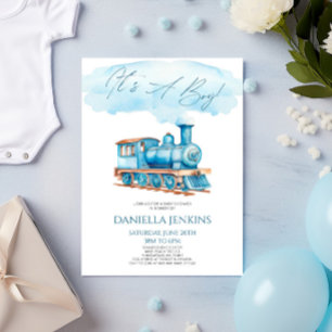 Es ist ein Junge! Blaue Vintage-Zug-Babyparty Einladung