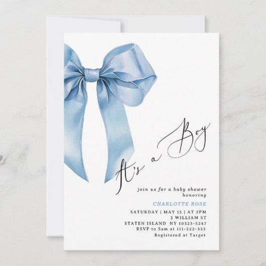 Es ist ein Junge Blue Bow Elegant Baby Shower Einladung (Vorderseite)