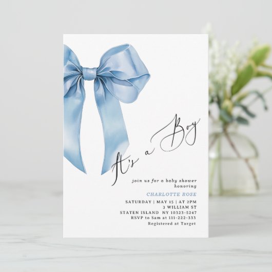 Es ist ein Junge Blue Bow Elegant Baby Shower Einladung (Stehend Vorderseite)
