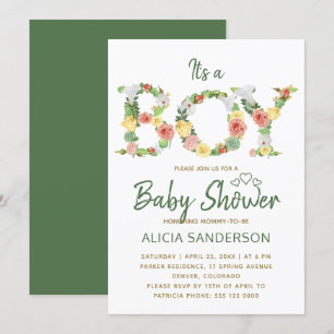 Es ist ein JUNGE Blumenalphabet Schrift Baby Showe Einladung