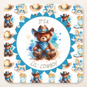 Es ist ein Junge   Cowboy Teddy Bear Boy's Baby Sh Rechteckiger Pappuntersetzer