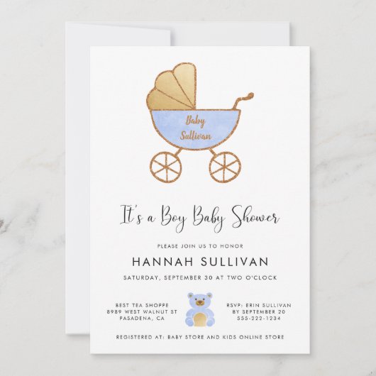 Es ist ein Junge, der eine blaue goldene Aquarelld Einladung (Vorderseite)