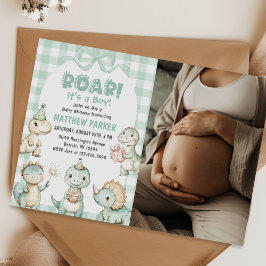 Es ist ein Junge Dinosaurier Gingham Baby Shower F Einladung