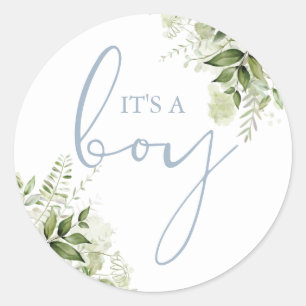 Es ist ein Junge Dusty Blue Greenery Baby Shower F Runder Aufkleber