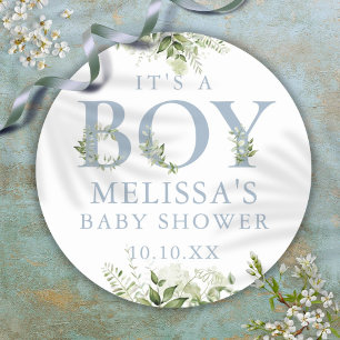 Es ist ein Junge Dusty Blue Greenery Babyparty Runder Aufkleber