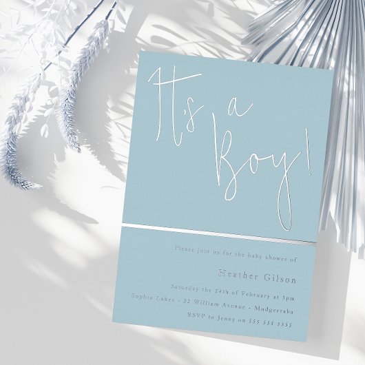 Es ist ein Junge! Dusty Blue & Silver Baby Shower Folieneinladung