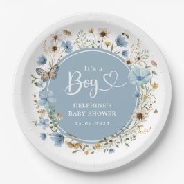 Es ist ein Junge | Dusty Blue Wildblume Babydusche Pappteller