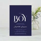 "es ist ein Junge" Elegant Chic Navy Blue Baby Dus Einladung (Stehend Vorderseite)