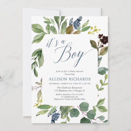 Es ist ein Junge grün Blätter Blätter rustikale Ba Einladung (Vorderseite)