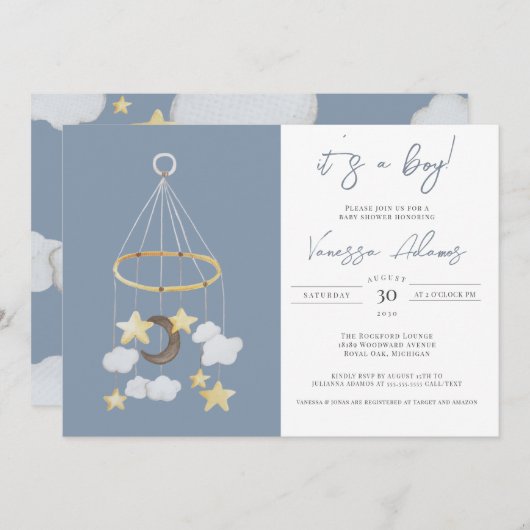 Es ist ein Junge! Moon & Stars Baby Mobile Kinderz Einladung (Vorne/Hinten)