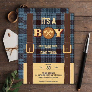 Es ist ein Junge Rustic Lumberjack Flannel Baby Du Einladung