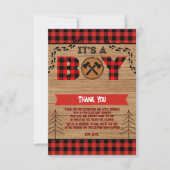 Es ist ein Junge Rustic Wood Kariert Baby Dusche Dankeskarte (Vorderseite)