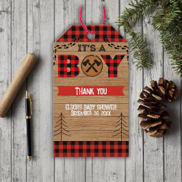 Es ist ein Junge Rustic Wood Kariert Baby Dusche Geschenkanhänger