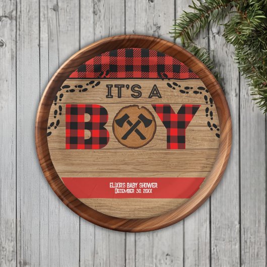 Es ist ein Junge Rustic Wood Kariert Baby Dusche Pappteller