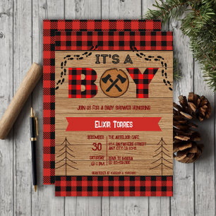Es ist ein Junge Rustikale Holz Kariert Baby Showe Einladung