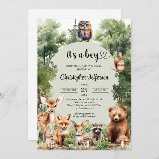 Es ist ein Junge rustikale Waldtiere Babydusche Einladung (Vorne/Hinten)