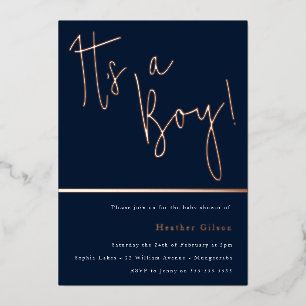 Es ist ein Junge! Staubiges Navy Blau Baby Shower  Folieneinladung