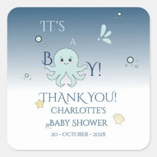 Es ist ein Junge! Süße Ozeantiere Baby Shower Quadratischer Aufkleber