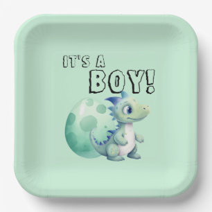 Es ist ein Junge! Süßer Dinosaurier mit seinem Ei Pappteller