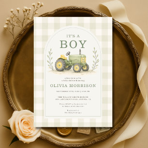 Es ist ein Junge Traktor Gingham Baby Shower Einladung