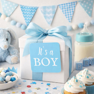Es ist ein Junge Typografie Blau Baby Junge Baby S Quadratischer Aufkleber