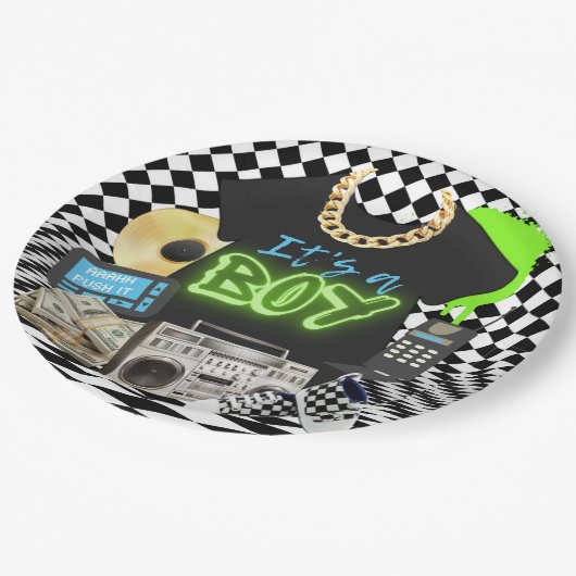 Es ist ein Junge| Urban Retro Hip Hop Baby Shower Pappteller (Schrägansicht)