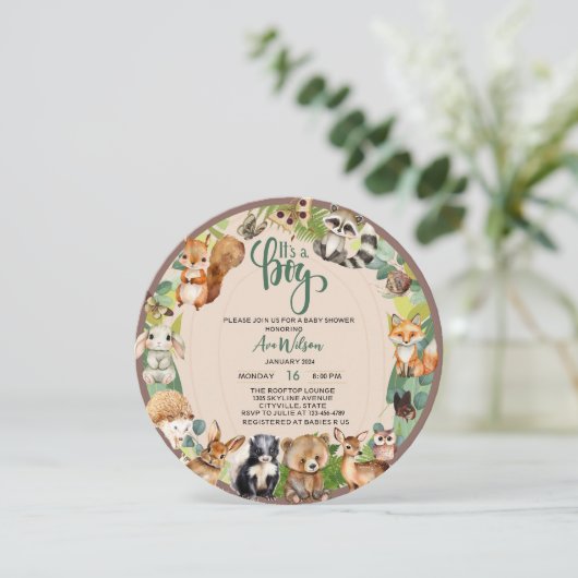 Es ist ein Junge Wald Tiere Wald Baby Dusche Einladung (Stehend Vorderseite)